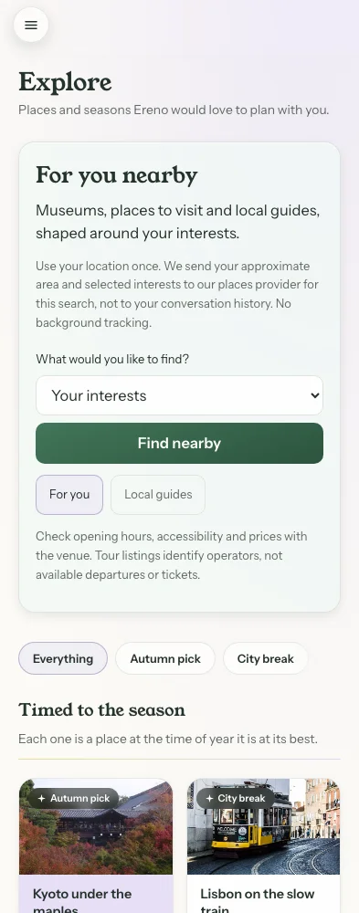 Ereno Explore with nearby discovery and destination cards