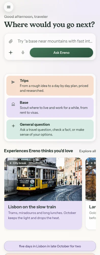 Ereno home with trip modes and seasonal travel ideas